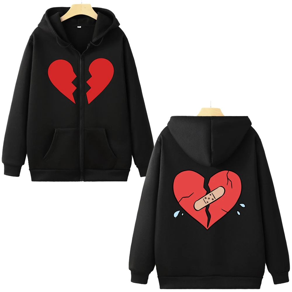 Broken Heart Print Zipper Sweatshirt Harajuku Y2K Torn Heart Graphic Unisex Zip Up Hoodie Autumn Streetwear Casual Zip Hoody