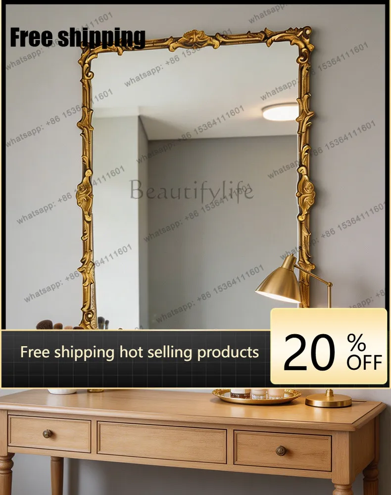 LD French retro carved bathroom mirror golden court style wall hanging light luxury vanity mirror