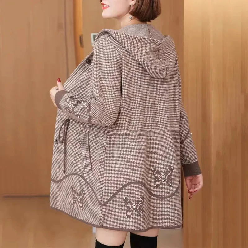 Spring Autumn Long Hooded Jacket Women 2024 New Coat High Quality Casual Outerwear Loose Large Size Knitted Cardigan Ladies Tops