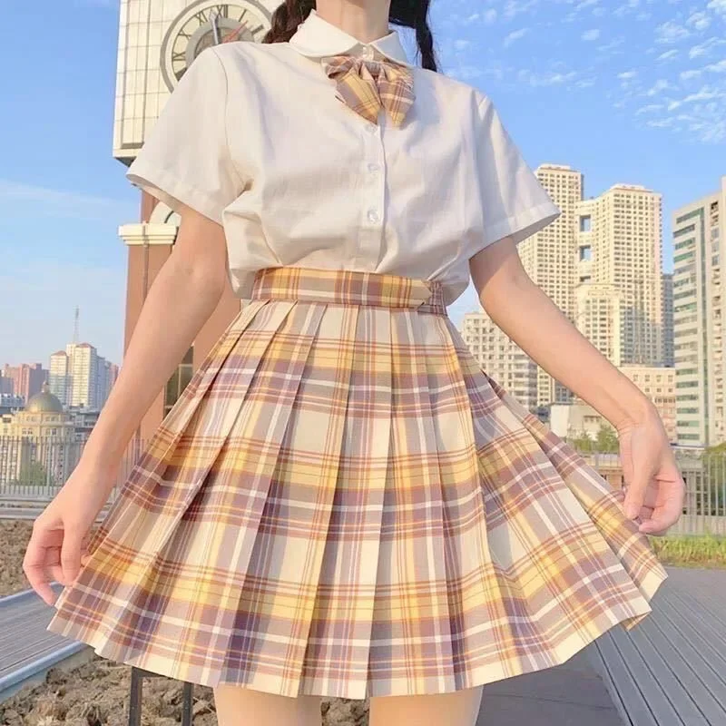 Korean School Girls Uniform Pleated Skirts Japanese School Uniform High Waist A-Line Plaid Skirt Sexy JK Uniforms Woman Full set