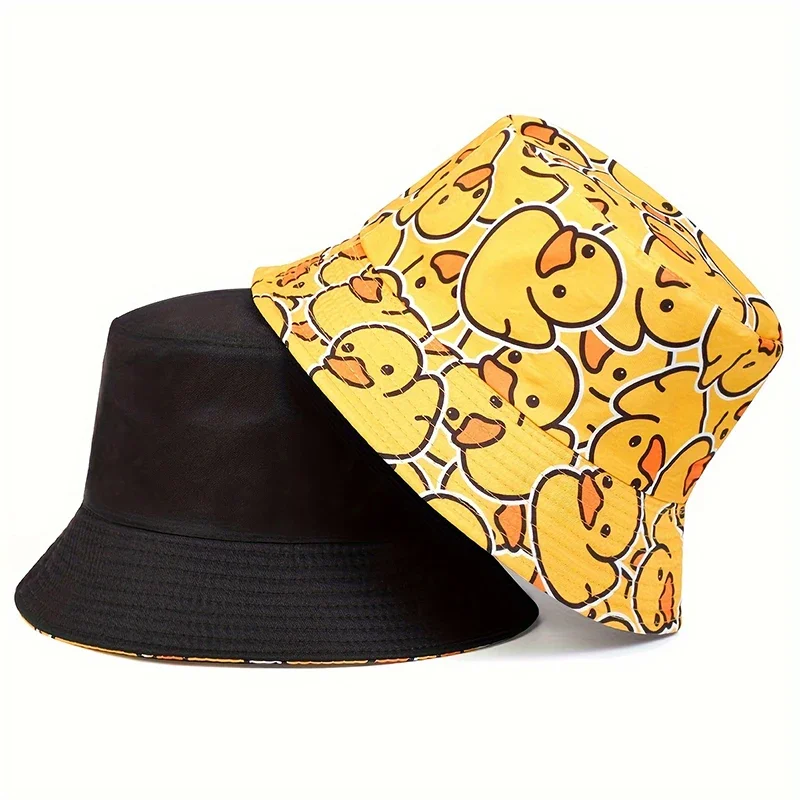 Wholesale Fashion Hip Hop Two-sided Bucket Hats Women Men Panama Bucket Hat Little Yellow Duck Print Super Mario Outdoor Sun Hat