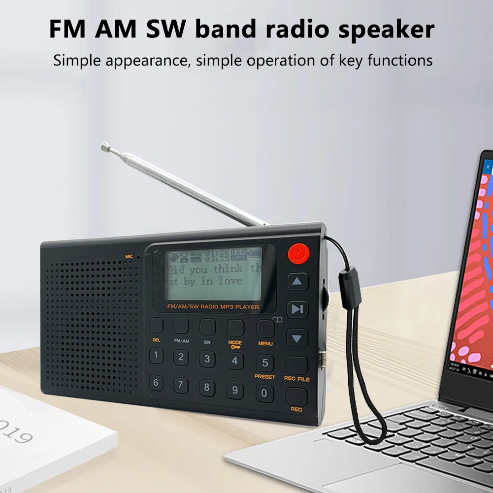 1000mAh SH-02 AM FM SW MP3 Radio Full Band Recorder Optional Frequency Band Type-C Built-In Speaker Time Alarm Clock Aux Playing