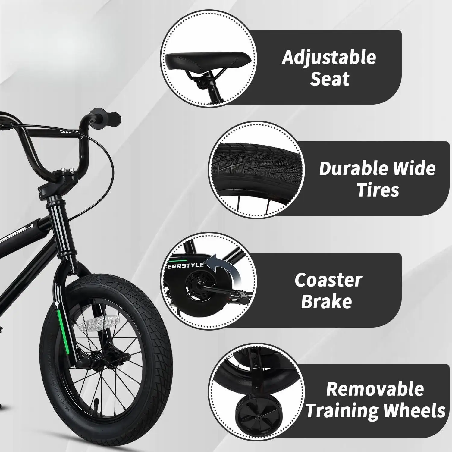 12 14 16 18 Inch Kids Bike BMX Style Bicycle with Training Wheels Coaster Brake for 1-10 Years Old Toddlers Boys Girls Black