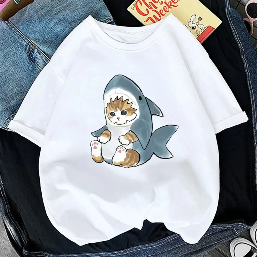 Tops Woman 2025 T Shirt Kawaii Cat Shark Print T-shirt Summer Korean Harajuku Fashion Short Sleeve Tee Funny Animal Graphic Tee