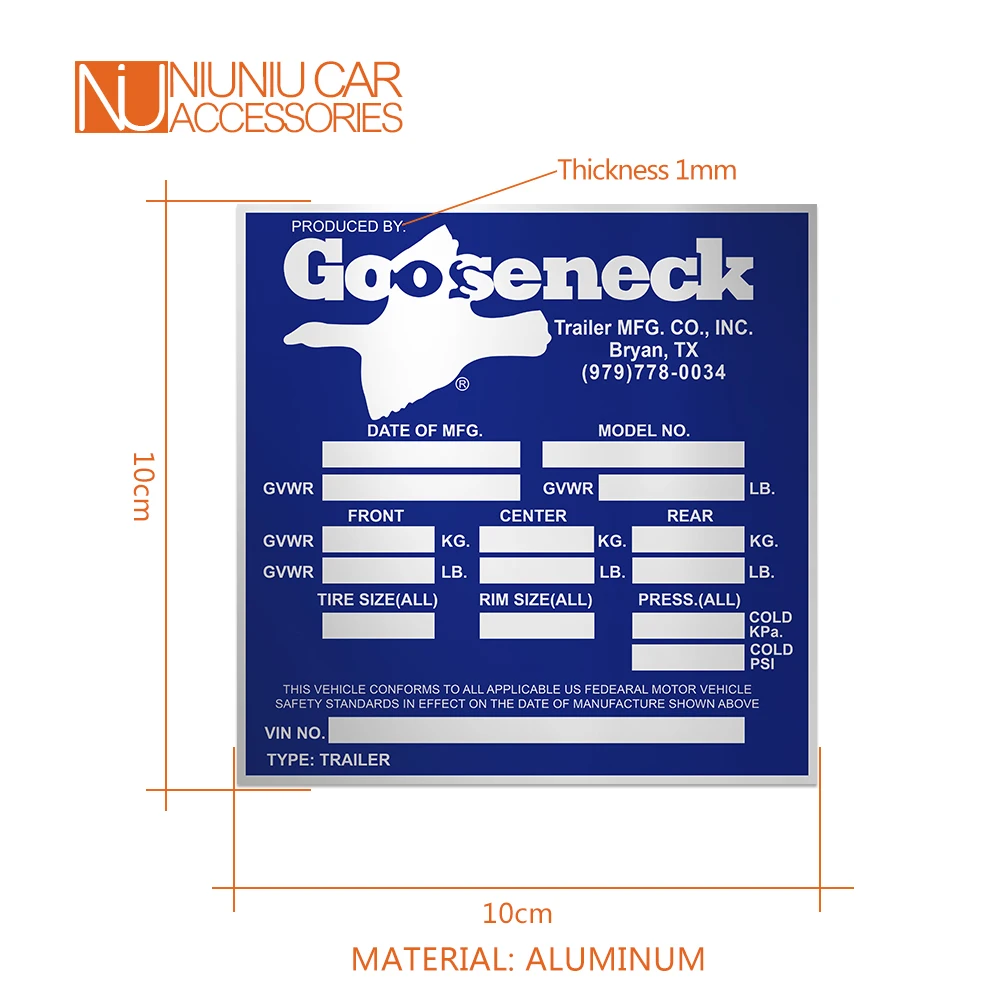 Gooseneck Trailer ID Aluminum Tag Vin Plate Serial GVWR Medical Blank Powder Coated Finish RV Parts Camper Accessories