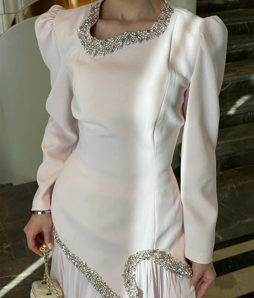 カスタマイズされた優雅なシフォン A ラインビーズクリスタル真珠イブニングドレス気質長袖スクエアネックウエディングドレス
