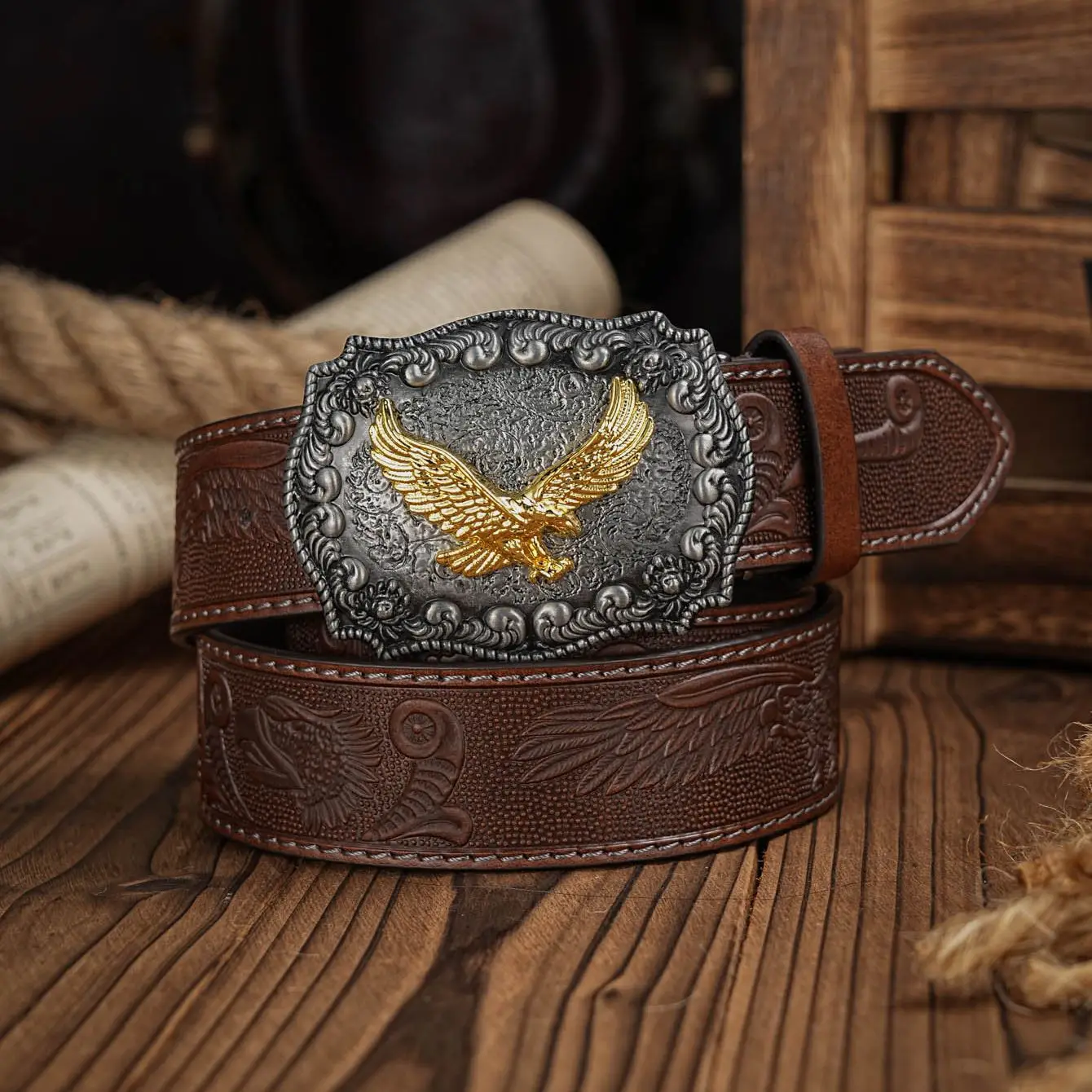 Western Cowboy Leather Buckle Belts eagle Pattern Floral Engraved Buckle Belt for Men