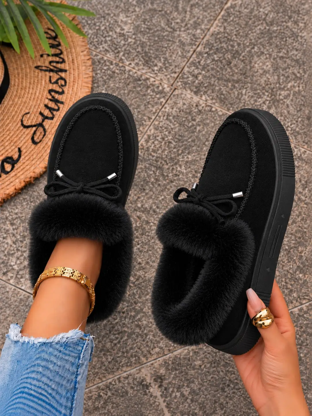 Women's Faux Fur Lined Winter Slip-On Slippers, Warm Moccasin Style Outdoor Sandals, Soft Suede Look Casual Walking Shoes With Bow Detail, Cozy Platform House Shoes For Fall Winter, Halloween Fashion Footwear