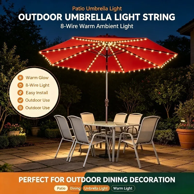 Outdoor Battery Box Powered Umbrella Light String Sunshade with Remote Control 8 Wire Ambient Flashing for Patio Garden Decor