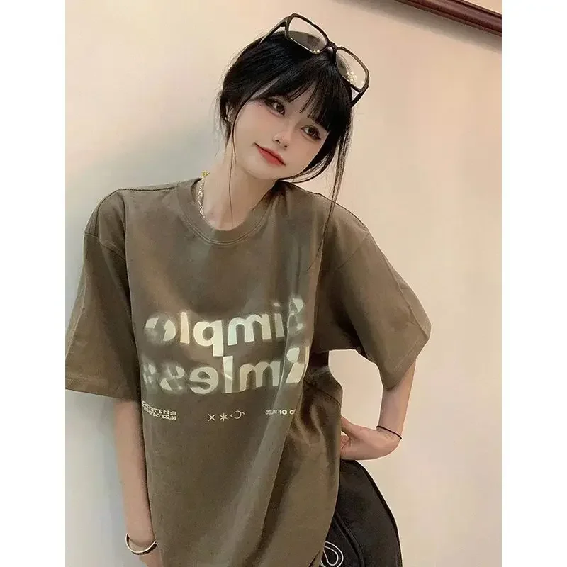 DAYIFUN-Letter Printed T-shirts for Women Short-Sleeved Tops Female Student Monochrome Round Neck Tees Large Loose Summer Tshirt