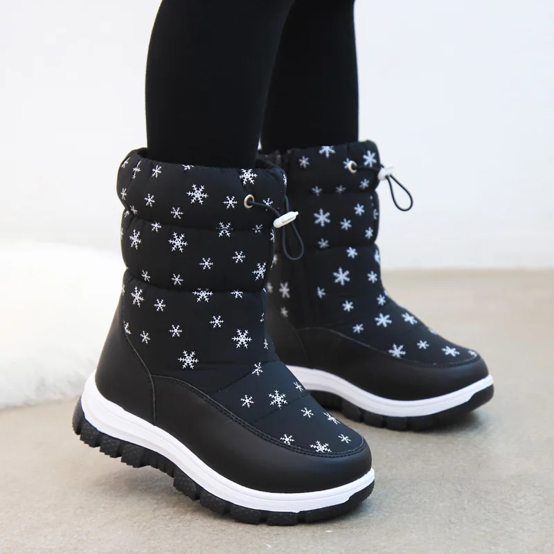 Winter Children Girls Snowflake High Snow Boots Warm Plush Thick-Soled Ankle-length Casual Soft-soled Pink Cotton Boot