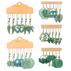 Green Earring Set Vintage Metal Dangle Drop Earrings Sets Turquoises Leaf Feather Boho Hanging Earring Round Statement Jewelry
