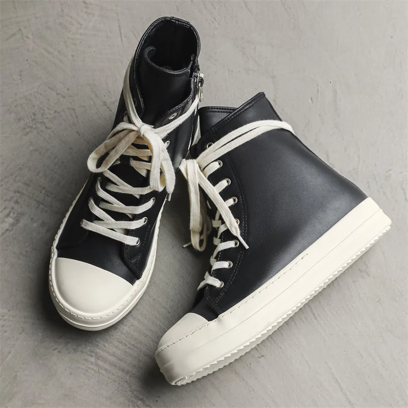 

New Shoes for Men Leather Casual Shoes Cool Thick-soled High Top Flat Skateboard Shoes Street Trend Lace-up Sneaker