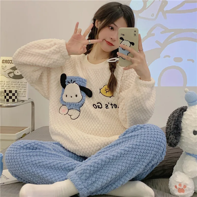 Pajamas Women Autumn and Winter Rose Fleece Crew Neck Cute Cartoon Thickened Fleece Warm Coral Fleece Loungewear Set Pajamas