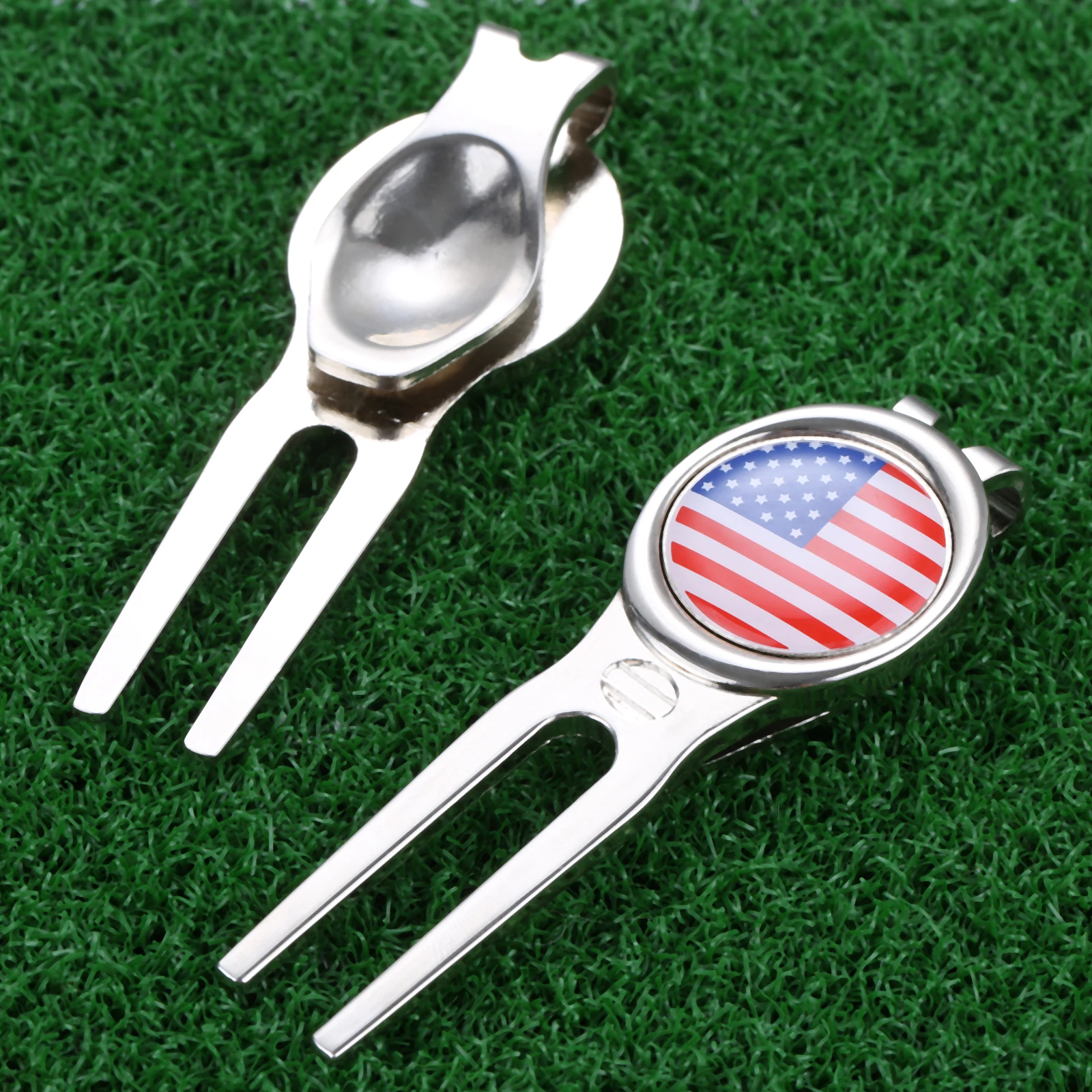 1PC Alloy Golf Pitch Mark Repair Divot Tool With Detachable Golf Hat Clip Ball USA Flag Marker 2-in-1 Pocket Green Accessories