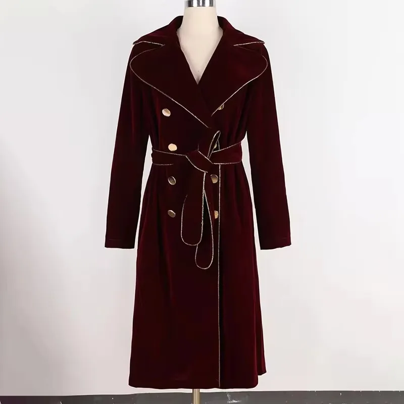 Mauroicardi Spring Long Burgundy Soft Velvet Trench Coat for Women with Gold Trim Double Breasted ElegantLuxury Designer Clothes