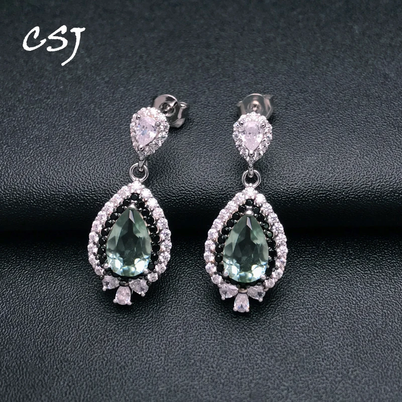 New Green Amethyst Earring Sterling 925 Silver Quartz Gemstone Pear 6*9mm Fine Jewelry for Women Lady Party Birthday Nice Gift