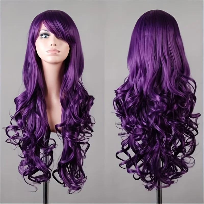 Women Long Wavy Synthetic Wig with Side Swept Bangs, Heat Resistant Fiber, Halloween Costume Party Cosplay Wig for Themed Events