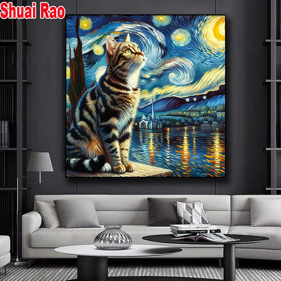 Van Gogh the Seine River Cat Diamond painting 5d diy handmade embroidery kit full square/round drill Sunflower Cats home decor