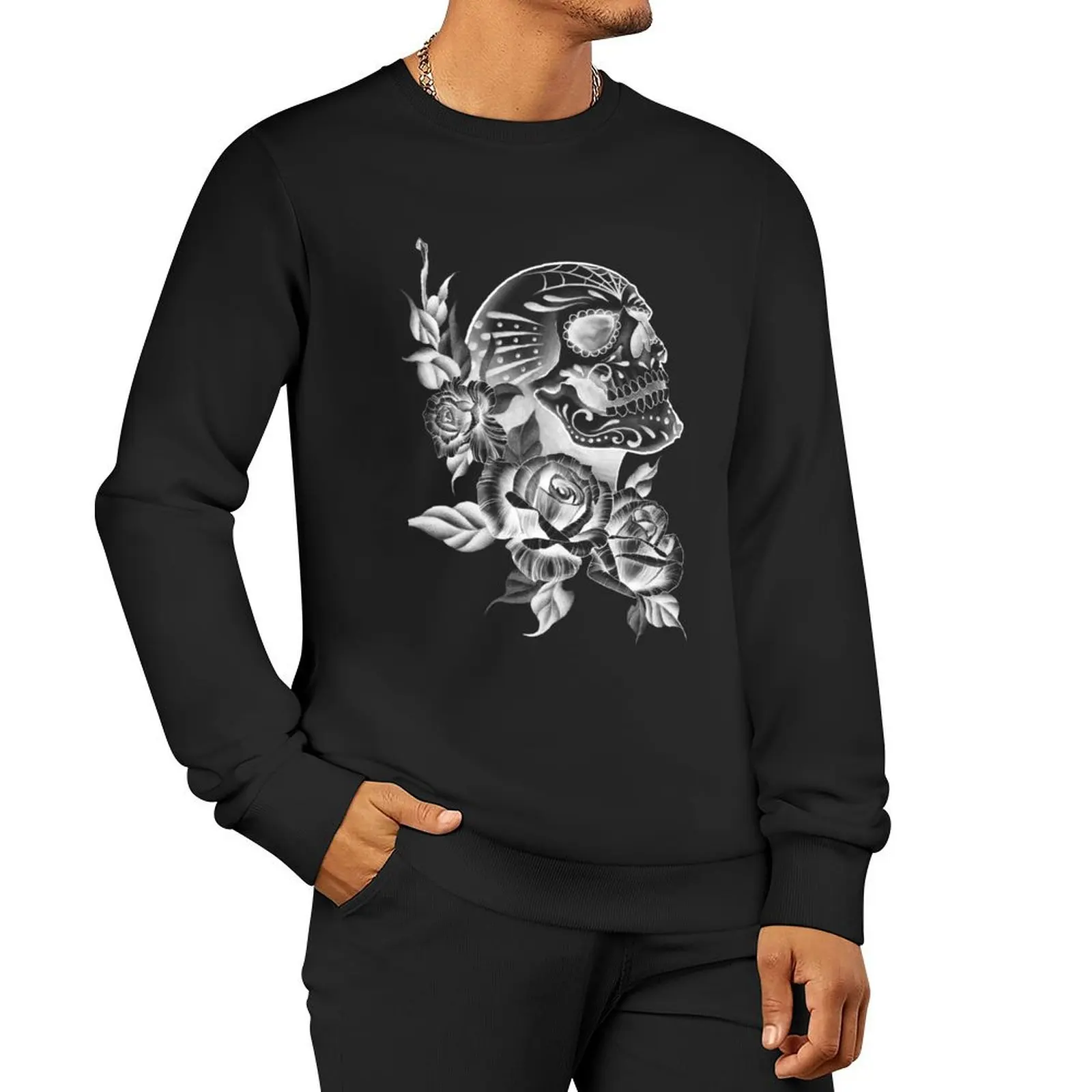 Day of the Dead Skull with Flowers Tattoo Design Pullover Hoodie men's autumn clothes new sweatshirt