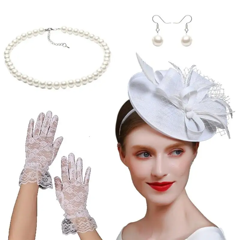 652F Flapper Derby Hat Hair Clip with Neckpiece Gloves Set for Theme Event Dressingup