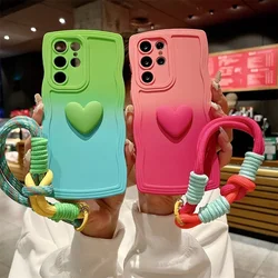 Gradient Wave Lanyard Case for Samsung Galaxy S26 S25 S24 S23 S22 Ultra S21 S26 Plus S20 FE A53 A54 Love Heart Wrist Strap Cover
