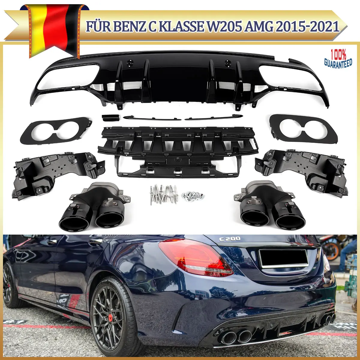 Für Mercedes-Benz C-Klasse W205 Limousine S205 2014-2021 AMG C43 Style Glänzend Schwarzer Hinterer Unterer Stoßstangen-Diffusor + Schwarze Runde Auspuffblenden