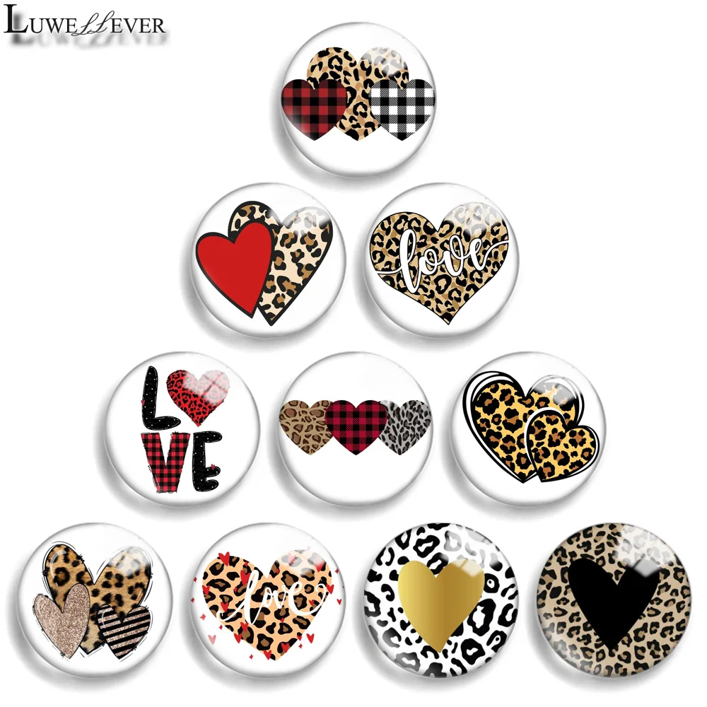 12mm 10mm 20mm 25mm 30mm 40mm 840 Leopard Heart Mix Okrągły szklany kaboszon Biżuteria Znalezienie 18mm Zatrzask Bransoletka Charm