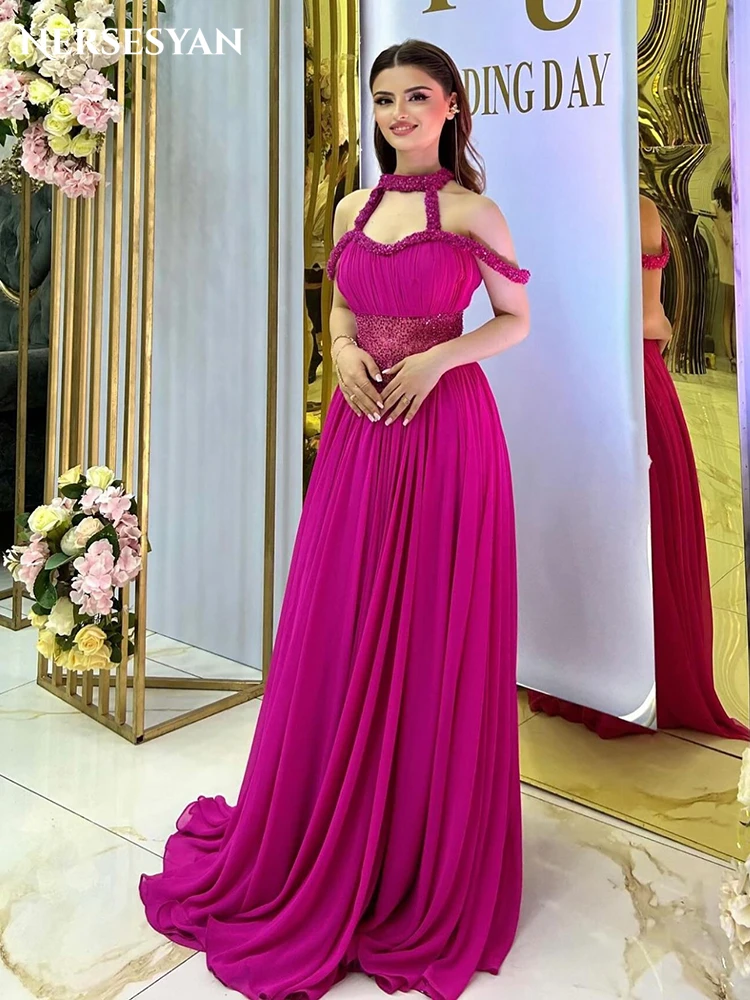 Nersesyan Fuchsia Glitter Formal Prom Dresses Halter Off Shoulder A-Line Beading Sparkly Evening Dress Pageant Party Gowns Shiny