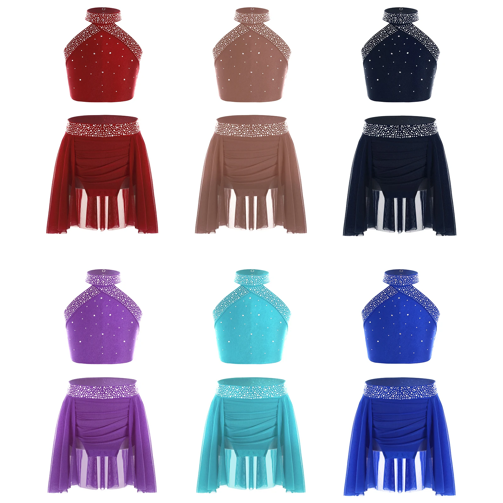 Girls Modern Dance Outfit Sparkly Rhinestones Dance Tops Skirt Set Halter Neck Sleeveless Vest Figure Skating Dresses Dance Wear