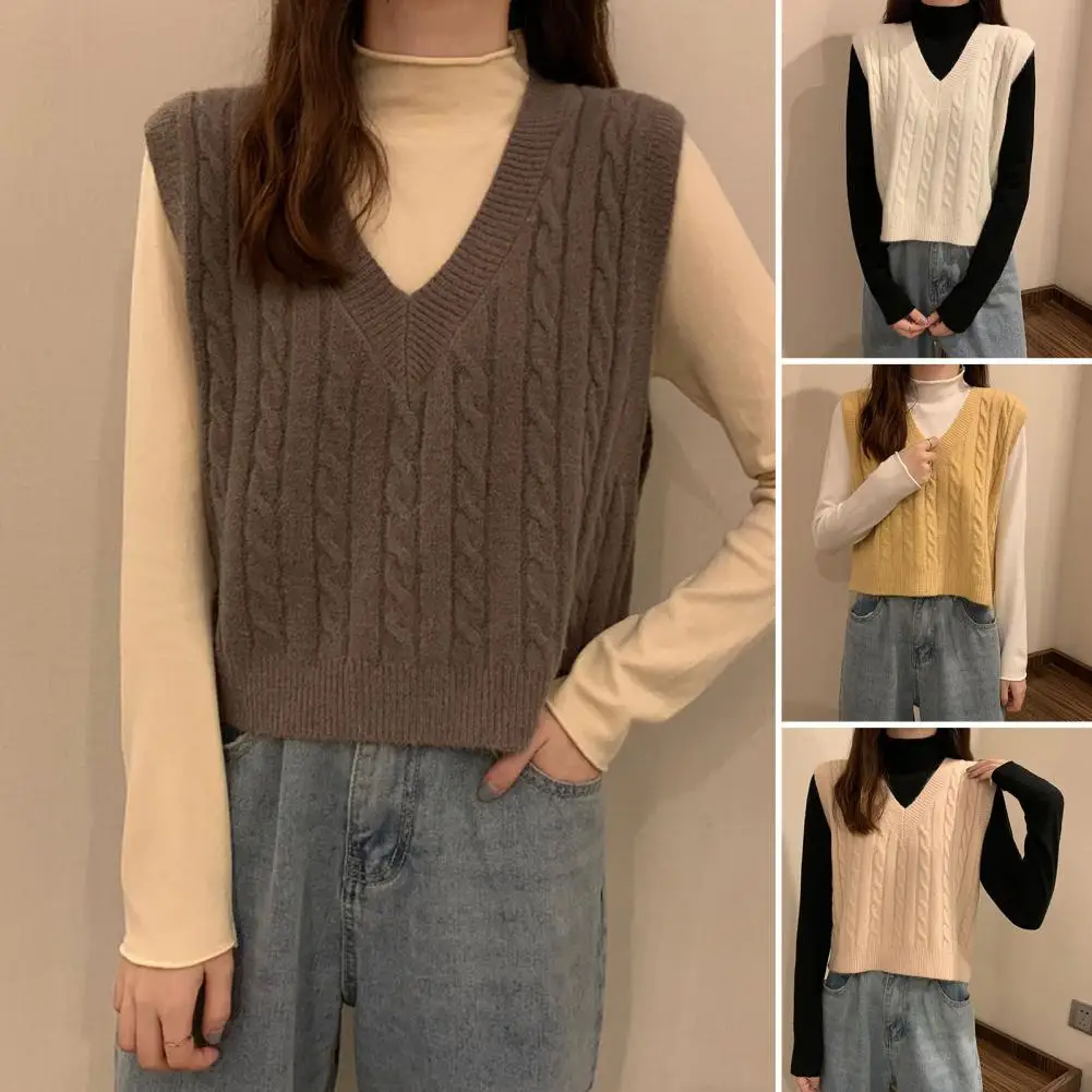 Grey V-neck Knitted Vest Women Fashion New Korean Loose Casual Sweater Vest Office Ladies Commuter Pullover Knitwear