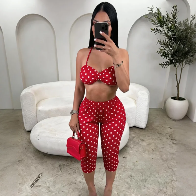 

Fashion Print Woman 2 Piece Set Outfits Spaghetti Strap Sleeveless Backless Crop Top+Capris Pants 2026 New Female Streetwear