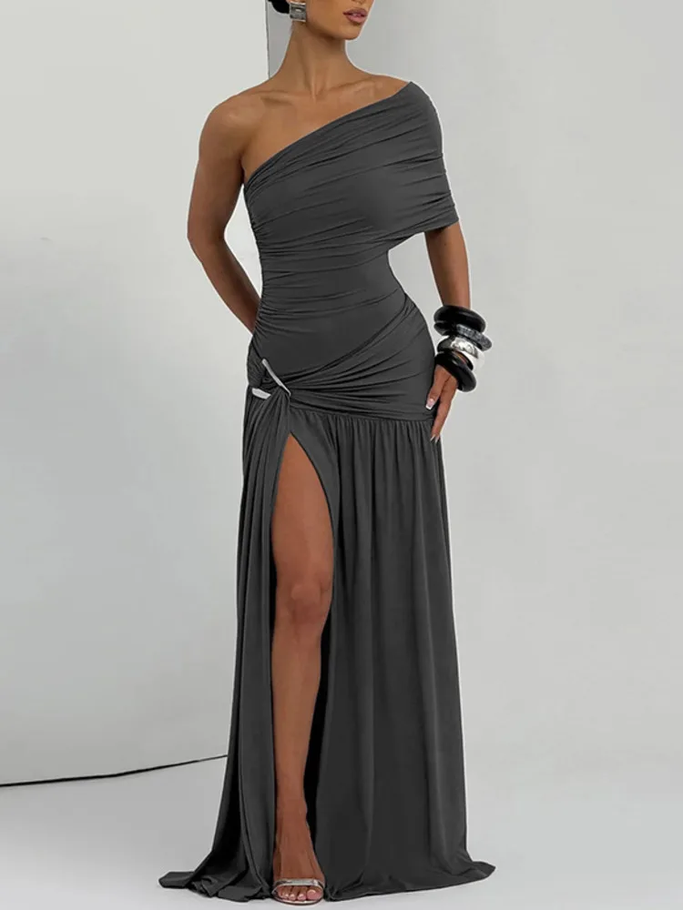 XIAOTANG Off-shoulder Backless Sexy Maix Dress Women Elegant One Sleeve Ruched Split Club Party Pleated Long Dress Female