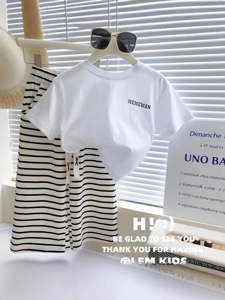 

Летний комплект для девочек: футболка с принтом алфавита и короткими рукавами + полосатые брюки, 2 предмета, повседневный костюм для детей, 2-14 лет