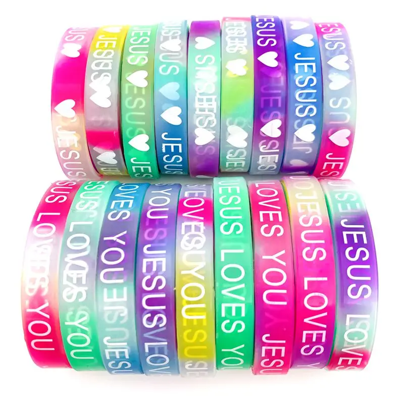 20pcs Natural Silicone Bangle Bracelets Jesus Loves You Religious Fashion Jewelry Wristbands