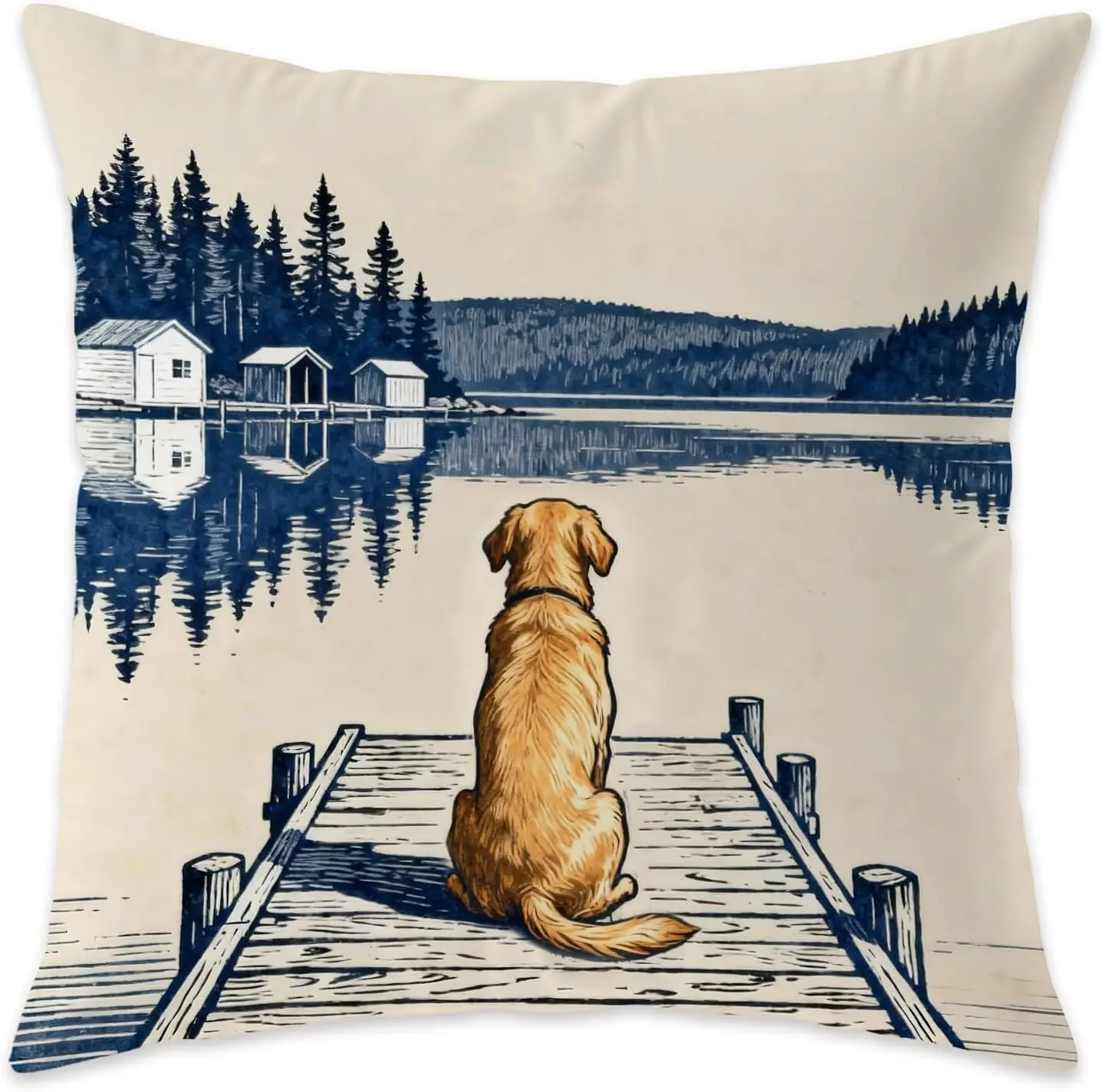 Golden Retriever Lake View Pillowcase, Dog On Dock Cushion Cover, Vintage Landscape Pet Lover Home Decor, Nature Art Gift