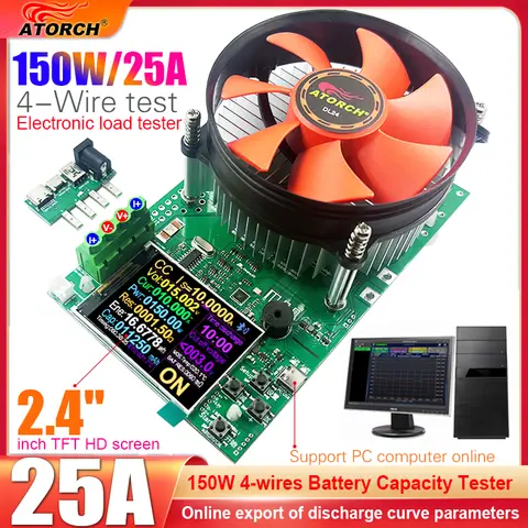 150W 4-wires Battery Capacity Tester 2.4 Inch TFT Color Screen CNC Type Electronic Load Power Discharge Tester with EU Adapter