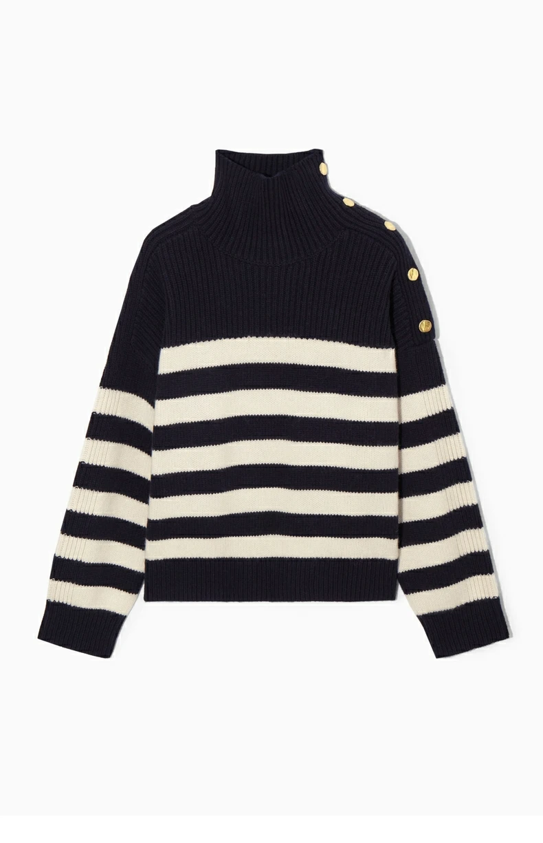 Ethereal  2023  autumn new style of Standard one-shoulder button-striped casual sweater for women