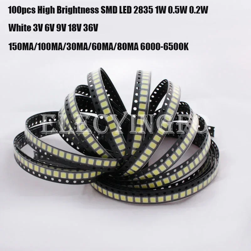 100pcs High Brightness SMD LED 2835 1W 0.5W 0.2W White 3V 6V 9V 18V 36V 150MA/100MA/30MA/60MA/80MA 6000-6500K