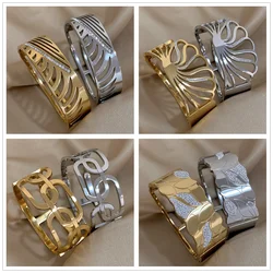 AENSOA Punk Stainless Steel Charm Wide Cuff Bracelet for Women Exaggerated Gold Color Leaves Flowers Geometric Thick Bangles