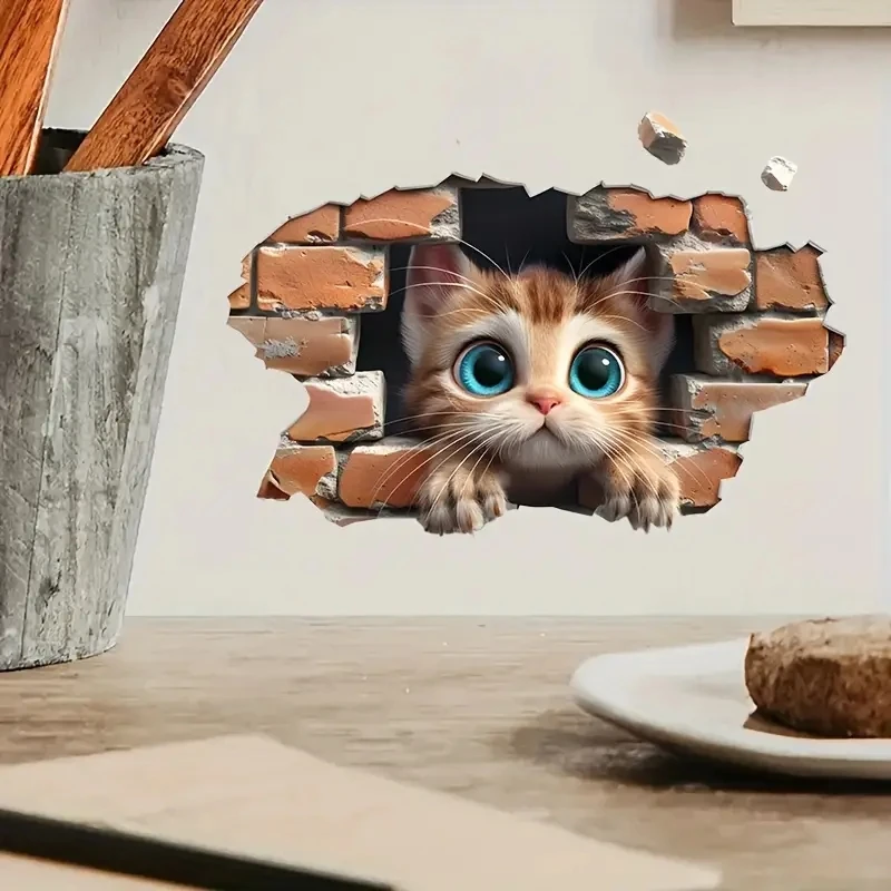 MT1414#  1pc Realistic 3D Blue-Eyed Cat Drilling Hole Wall Decoration Sticker, Living Room Bedroom Bathroom Window