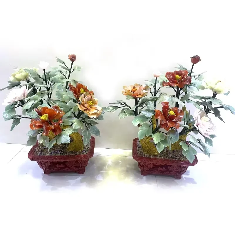 Natural Jade Peony Flower Tree Large Bonsai Potted Plant Home Decor Living Room Decoration Jade Crafts Ornaments for Interior