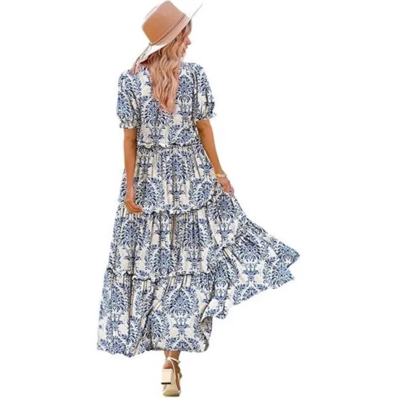 Vestidos formales para Mujer, cuello redondo, manga corta, bohemio, pequeño vestido acampanado con estampado Floral, falda larga versátil de estilo turístico para Mujer