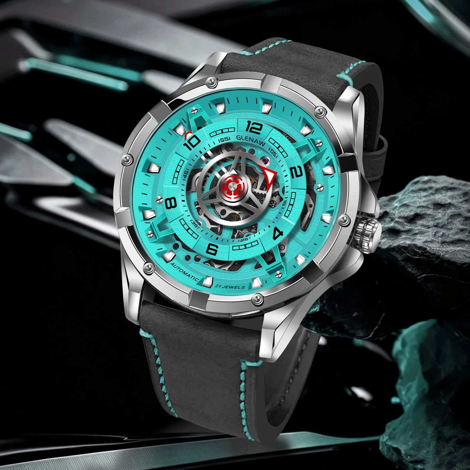 2026 GLENAW Design New 43.5MM Wheel Frame Dial Mechanical Watch Men's Night Light Men Watch Waterproof Automatic Luxury Watch