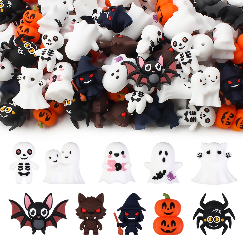 5/10/20/50pcs 3D Halloween Theme Silicone Bead,Ghost,Bat, Witch,Pumpkin ,Werewolf Focal Beads for Jewelry Making Accessories