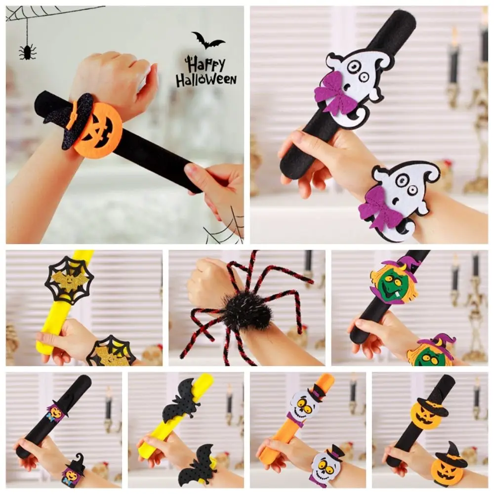 Funny Pumpkin Halloween Slap Bracelets Ghost Witch Hat Pop Circle Wristband Spider Cartoon Design Hands Clap Circle Children