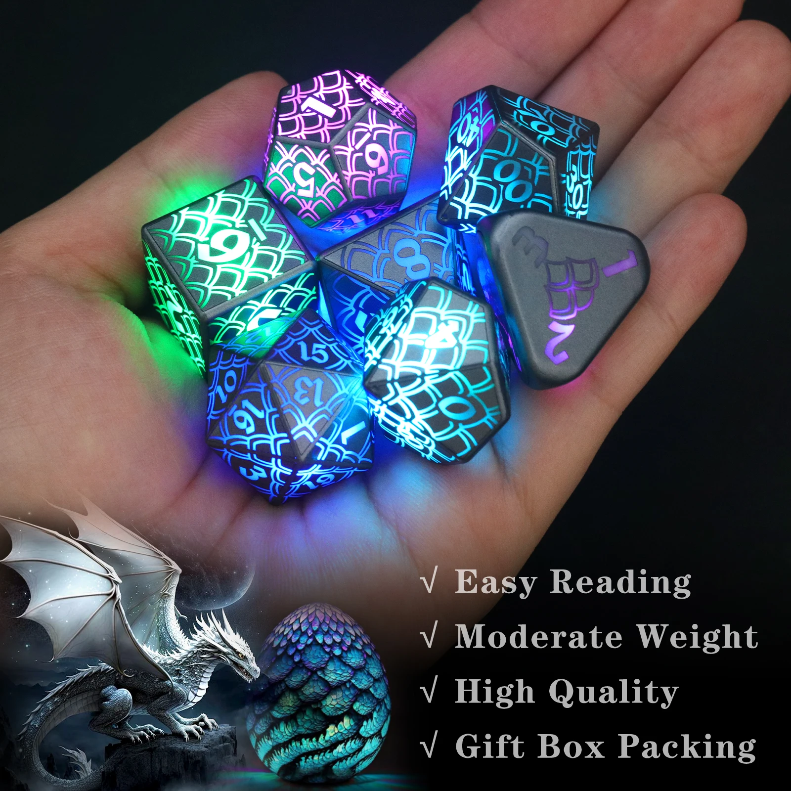 LED Dice Wireless Charging, DND Dice Dragon Scales Dice Rechargeable, ZHOORQI RGB Light up Dice