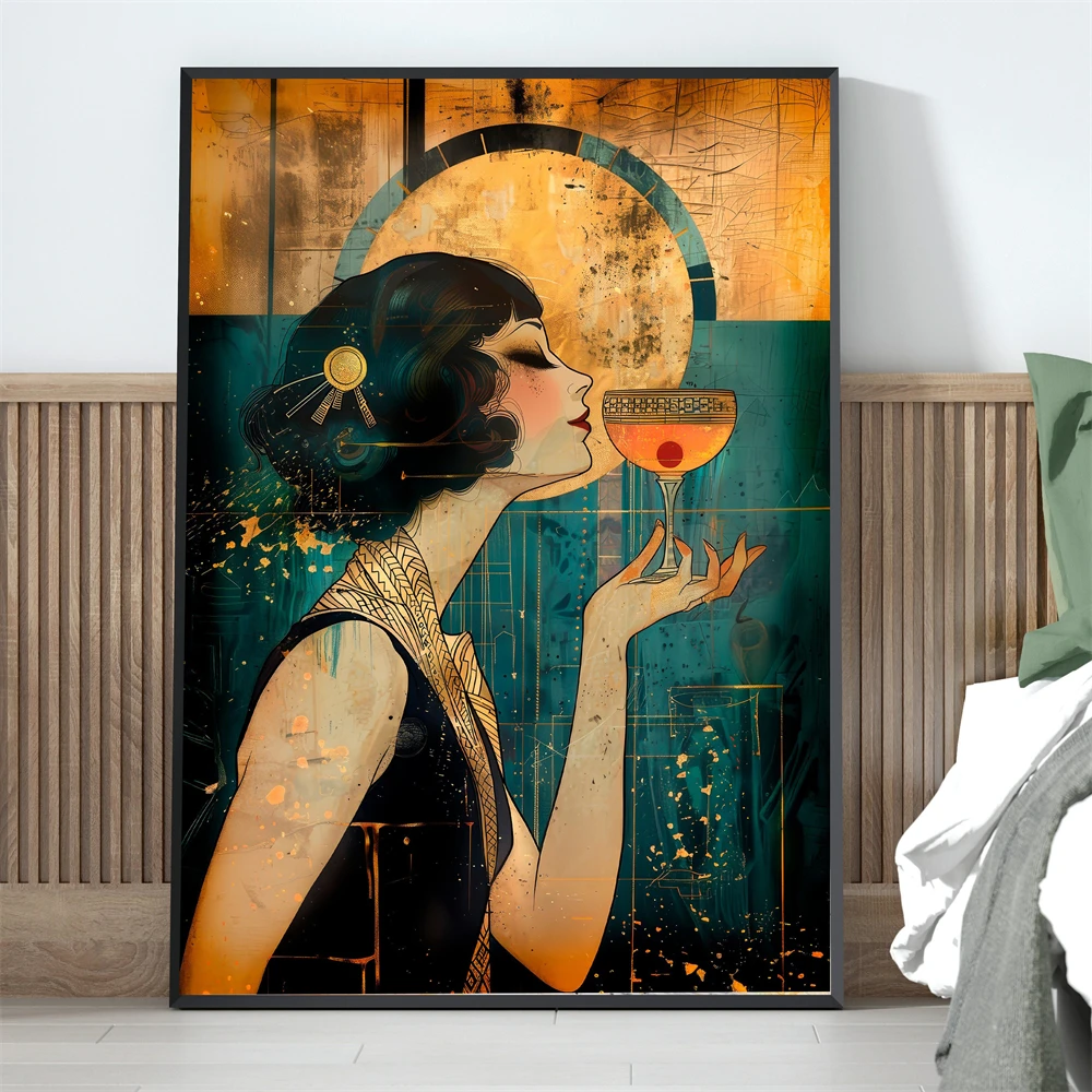 Vintage Lady Powder Room Wall Art Prints Large Teal Gold Wall Art Retro Living Room Decor Poster Art Nouveau Canvas Painting