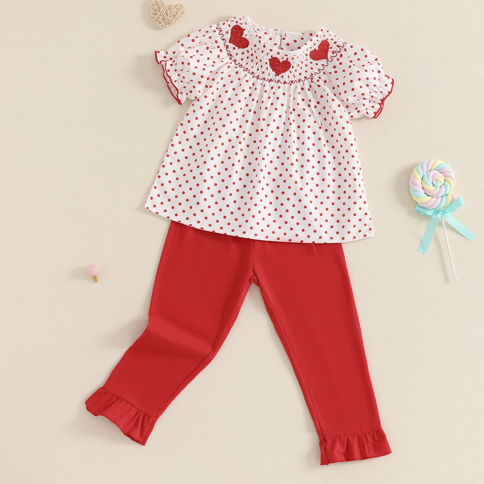 3-7Y Sweety Kid Girls Pants Set Short Sleeve Dots Print Embroidery Heart shirt with Pants Girls Valentines Day Clothes Set