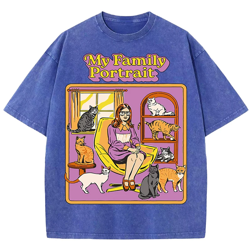 My Family Portrait  Design Retro Men T-Shirt Casual Loose Tee Shirts Snow Wash T Shirt Hip Hop Cotton New Unisex Short Sleeve